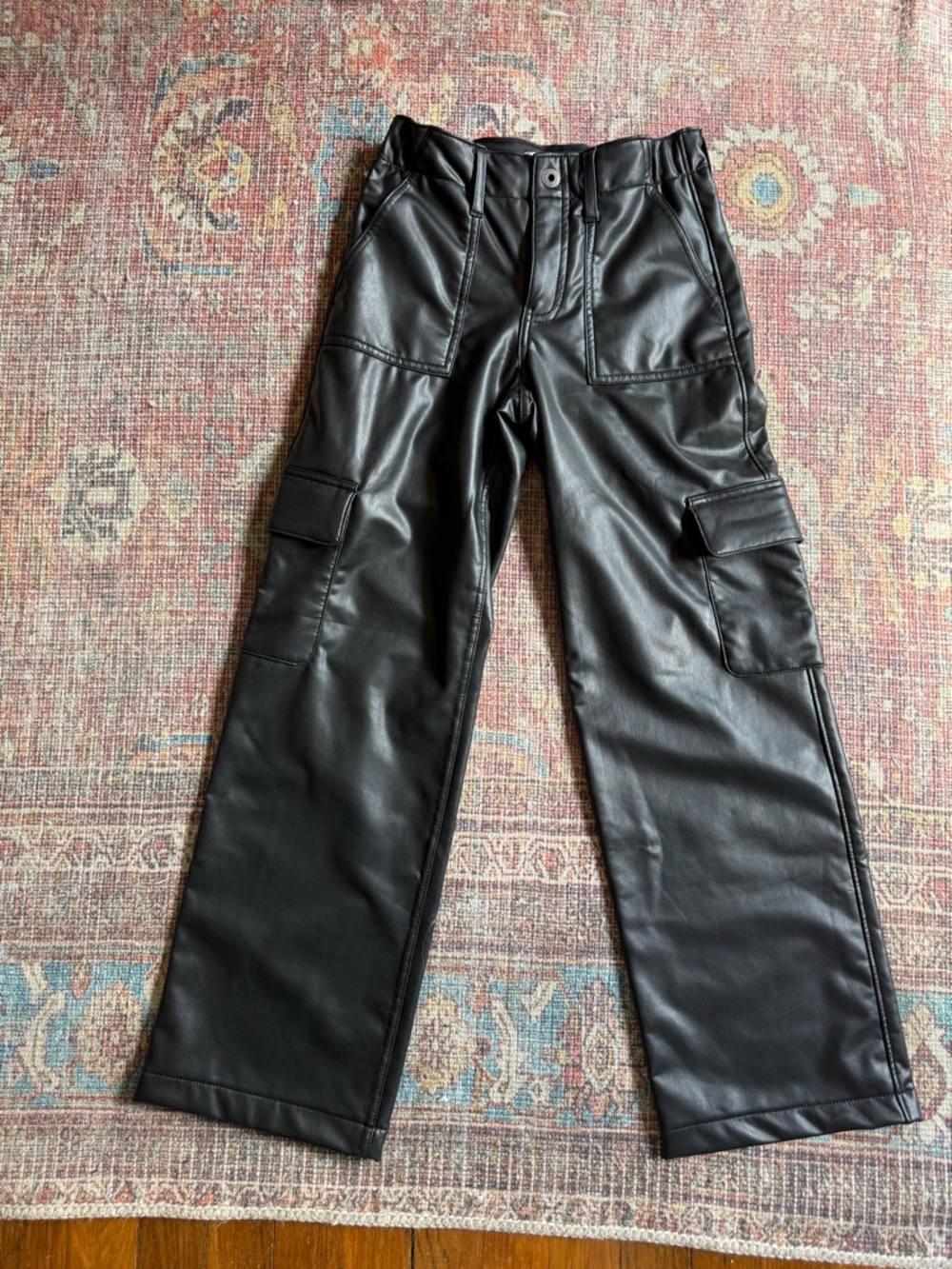 Abercrombie Kids 11/12 High Rise Wide Leg Black Faux Leather Cargo Pants